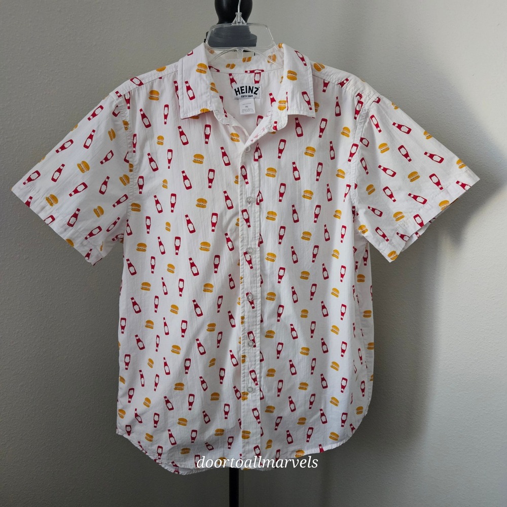 Vintage HEINZ Cotton Shirt Button Up Short Sleeve Burger Ketchup Men sz XL EUC